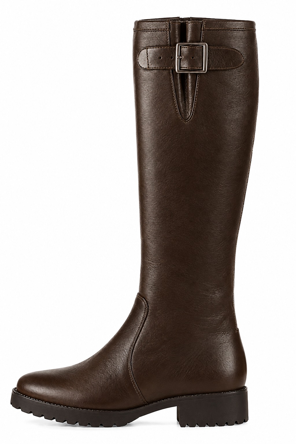 Dress custom-made knee-high boots with buckles in dark brown leather with thick rubber soles and round toe - Profile view